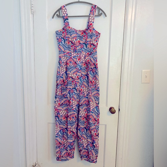 Chufy Gone Jammin overall jumpsuit, blue and pink print, adjustable straps, XS - Picture 1 of 6